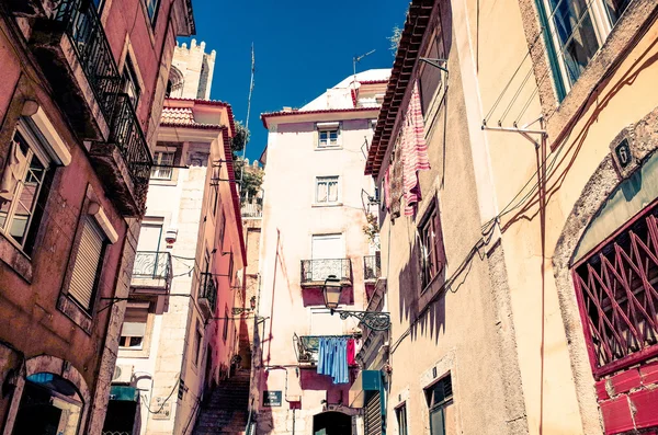 street view of typical houses in Lisbon, Portugal, Europe