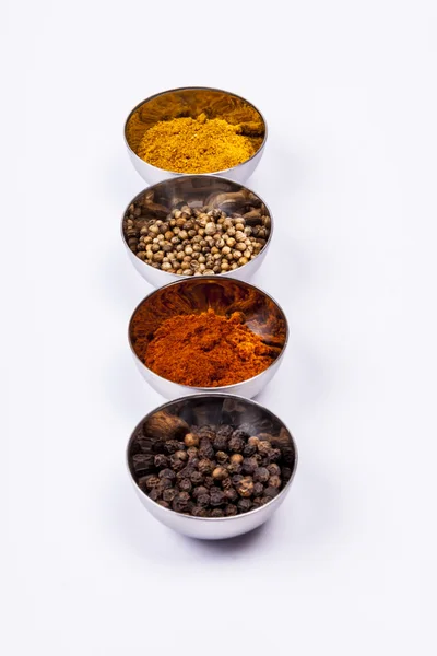 Curry, pimenta, páprica e coentro - fundo branco . — Fotografia de Stock