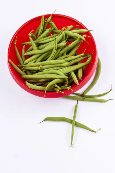 Judías verdes en tazón rojo - fondo blanco — Foto de Stock