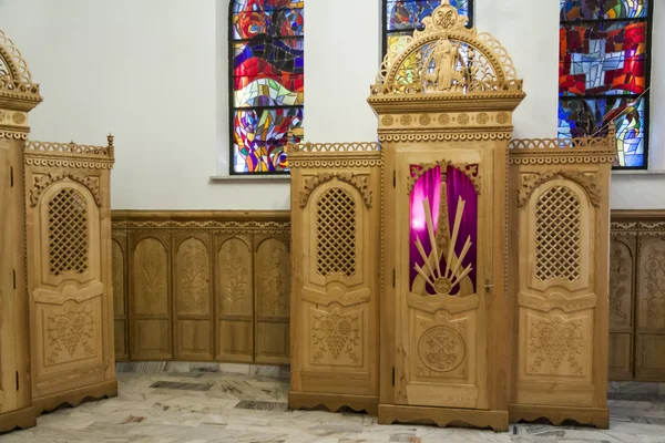 Beauty wooden confessional - Interior of Krzeptowki Church. — Stock Photo, Image