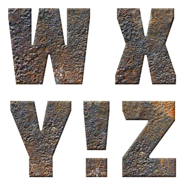 Altes rostiges metallenes englisches Alphabet, Zahlen und Zeichen — Stockfoto