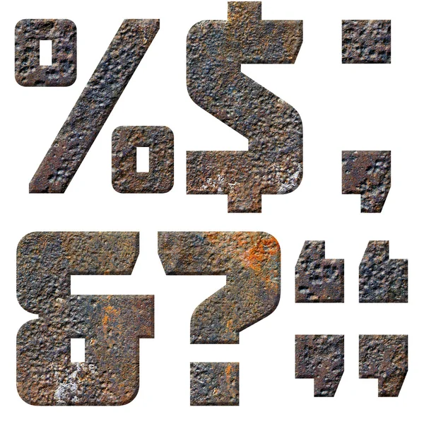 Altes rostiges metallenes englisches Alphabet, Zahlen und Zeichen — Stockfoto