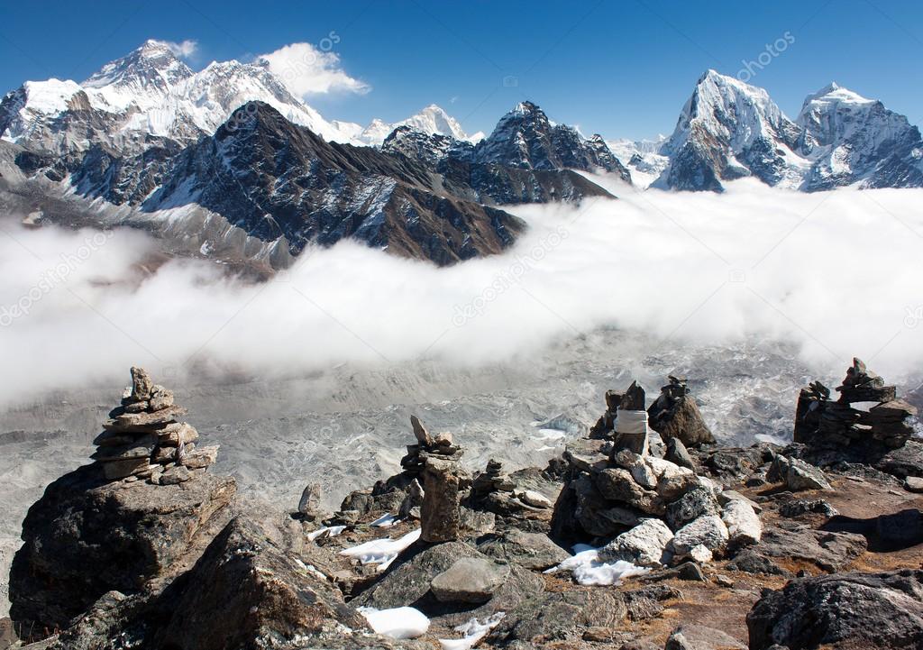 View of everest with stone mans from gokyo ri