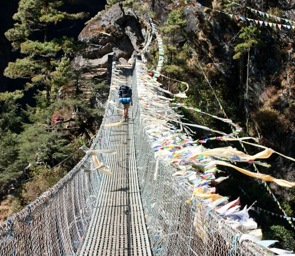 Colgando pasarela ower el dudh koshi nadi river- sagarmatha parque nacional - nepal — Foto de Stock