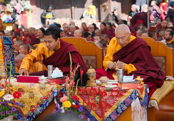 Nepal, Kathmandu, Boudhanath stupa -17th of December 2013: meditation of Tibetan Buddhist Monks during festival