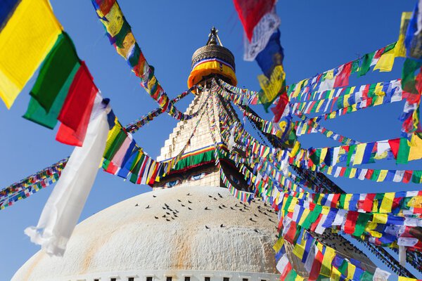 Boudnath stupa in Kathmandu with prayer flags - Nepal