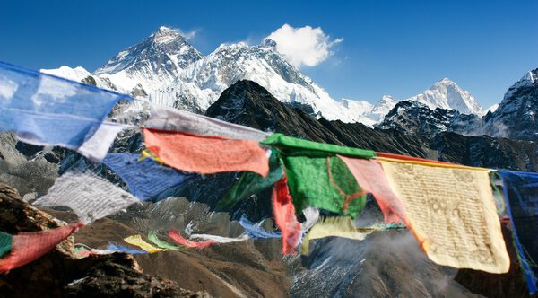 View of everest from gokyo ri with prayer flags - Nepal