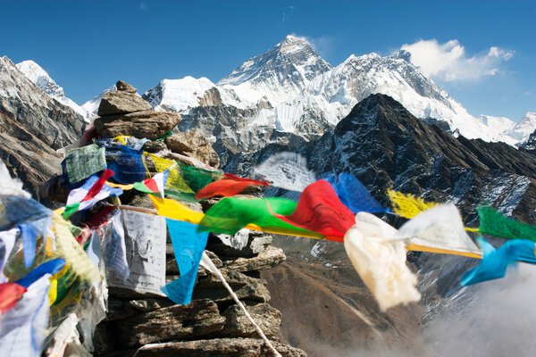 View of everest from gokyo ri with prayer flags - Nepal