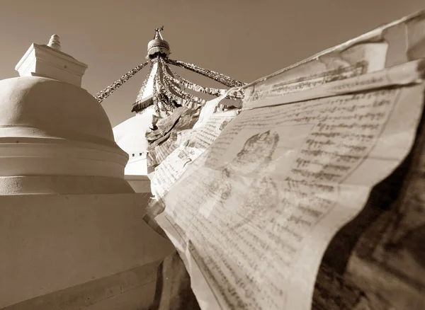 Boudha Bodhnath Eller Boudhanath Stupa Med Bön Flaggor Sepia Färgade — Stockfoto