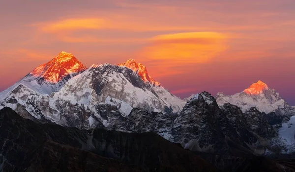 Vista Noturna Pôr Sol Monte Everest Lhotse Makalu Passo Renjo — Fotografia de Stock