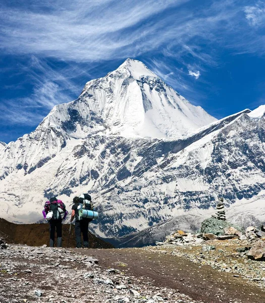 Вид Луну Даухири Двумя Туристами Великолепная Хималайская Тропа Горы Непала — стоковое фото