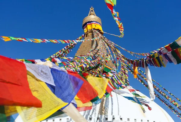 ネパール最大の仏教の仏塔 カトマンズ市内最大の仏教の仏塔 祈りの旗を持つ仏 菩提またはブダナートストゥーパ — ストック写真