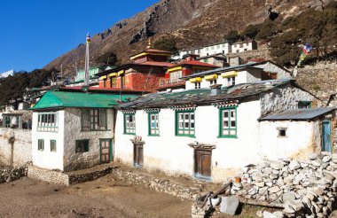 Pangboche köyü ve Gompa, Khumbu vadisinde manastır, Solukhumbu, Everest ana kampı, Sagarmatha ulusal parkı, Nepal himalayas dağları 