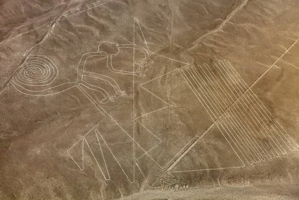 Monkey Geoglyph Nazca Nebo Nasca Tajemné Linie Geoglyfy Letecký Pohled — Stock fotografie