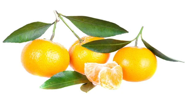 Drei Mandarinen isoliert mit Blättern und Segmenten — Stockfoto