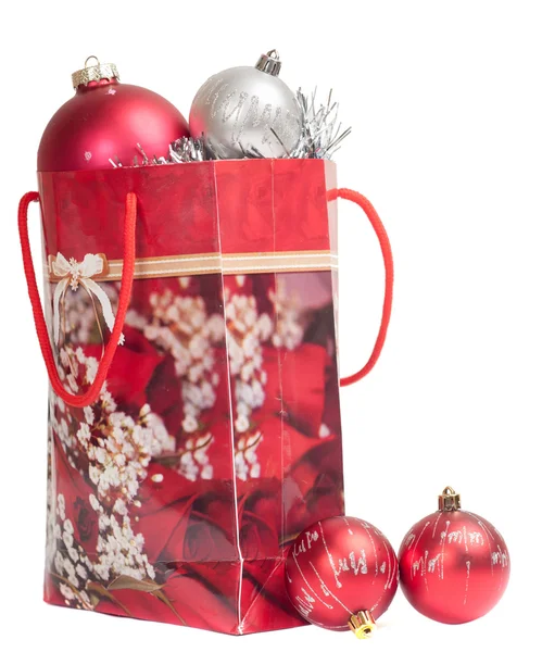 Dört Noel topları ile çanta — Stok fotoğraf