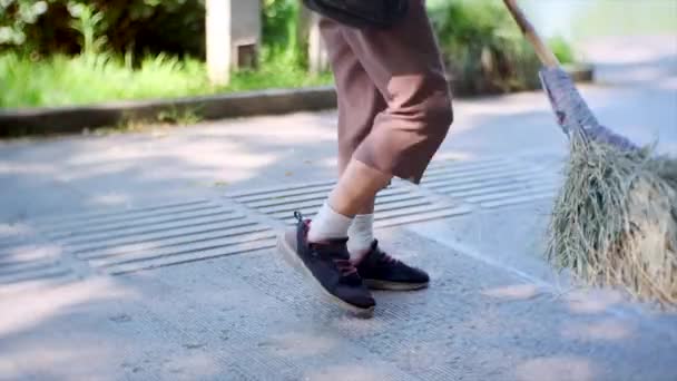 Ein Hausmeister fegt einen Weg im Park. — Stockvideo