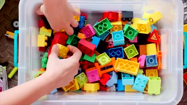 Overhead shot of a womans hands in a box of building blocks sorting them. — Stock Video