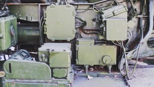 Close-up shot of a random outer green metal parts of military equipment. — Stock Video