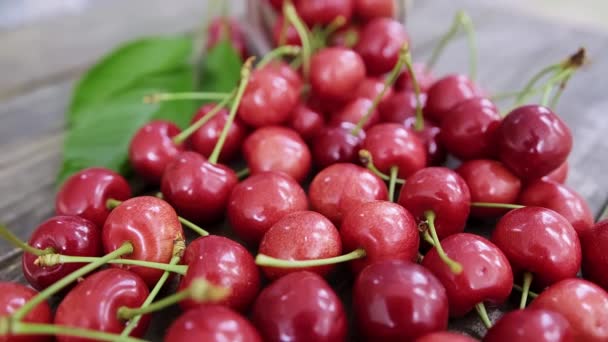 Close Dolly Slider Shot Ripe Red Wild Cherries Table Transparent — Stockvideo