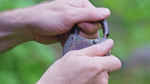 Close Caucasian Man Closing Old Padlock Hands Concept Security Steady — Wideo stockowe