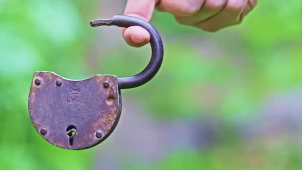 Macro Close Old Padlock Hanging Swinging Hands Steady High Quality — Stock video