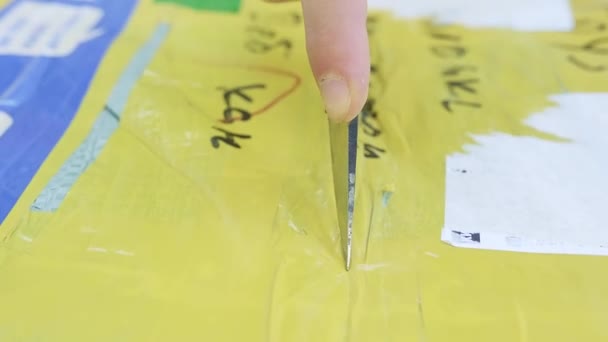Macro View Caucasian Man Opening Taped Yellow Brown Cardboard Parcel — Stok video