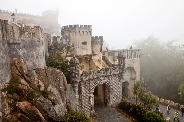 Park van het pena paleis, het fantastische steegje in mistig weer, sintra, portugal — Stockfoto