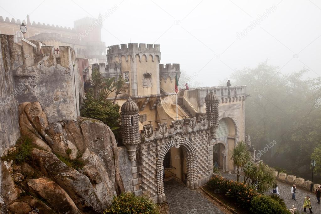 Park of the Pena palace, the fabulous alley in foggy weather, sintra, portugal