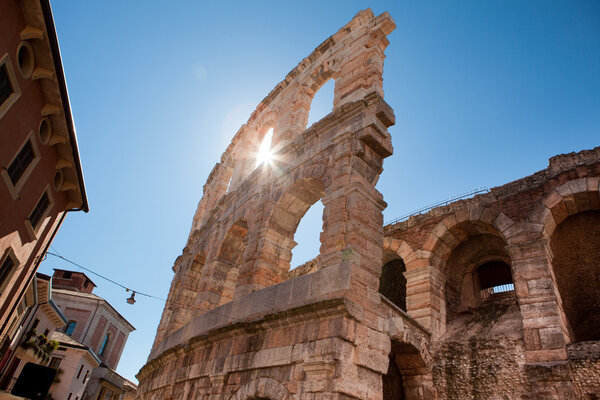 Italy, Verona, ancient amphitheater, rays of sun