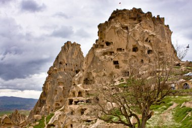 Kapadokya. Harika bir manzara. Anadolu, Türkiye, eski Hıristiyan manastırları, tapınaklar, kilise, mağara, mağara otel