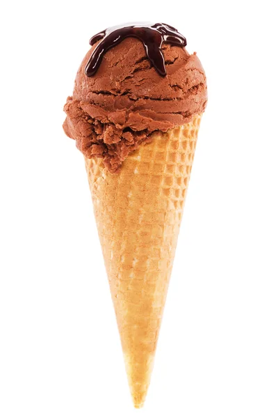 Chocolate flavor ice cream in a cone with chocolate sauce — Stock Photo, Image