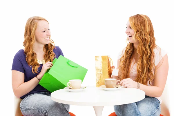 Two happy redhead women sitting at a coffee table with shopping — Stock Photo, Image