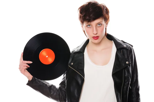 Mujer con estilo con un disco de vinilo —  Fotos de Stock