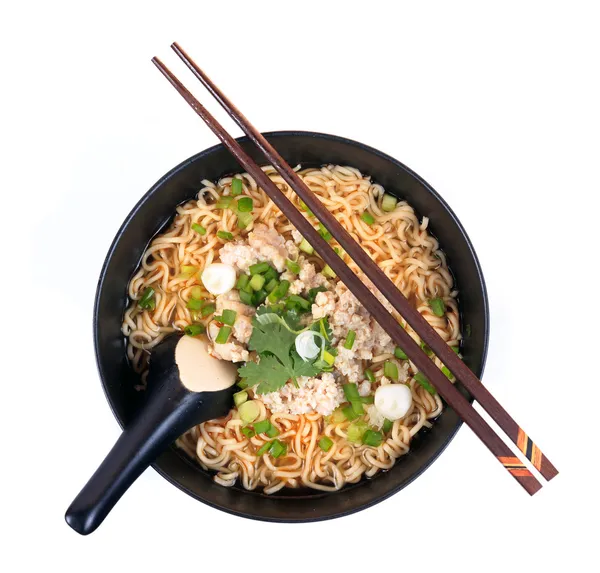 Eating instant noodle with minced pork bowl — Stock Photo, Image