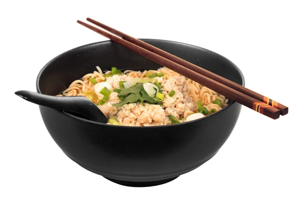 Eating instant noodle with minced pork bowl — Stock Photo, Image
