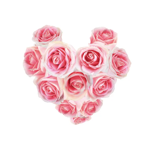Pink rose arranged in heart shape isolated on white background — Stock Photo, Image