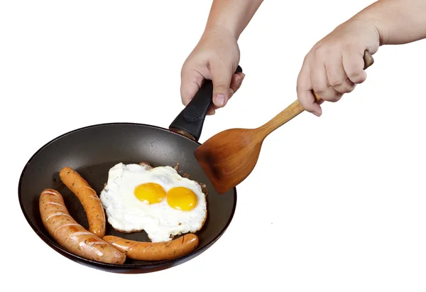 Koken eieren en rundvlees worst ontbijt — Stockfoto