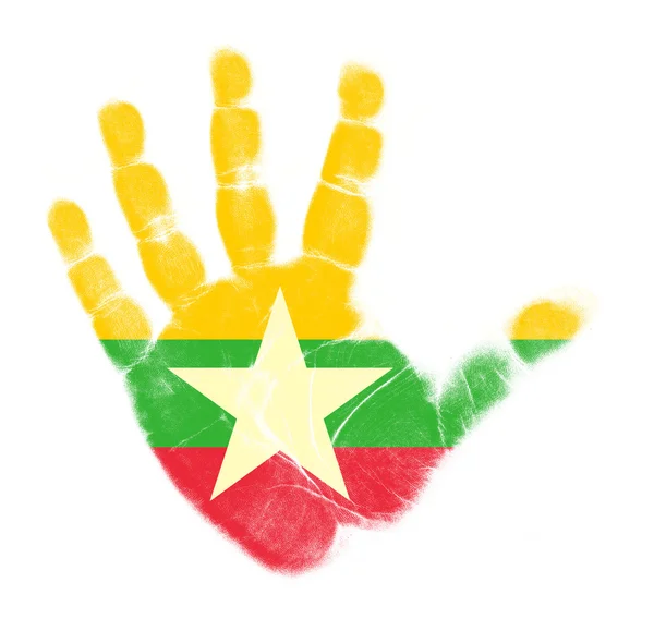 Bandeira de Myanmar impressão da palma isolada no fundo branco — Fotografia de Stock