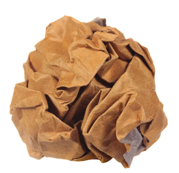 Palla di carta marrone stropicciata isolata su sfondo bianco — Foto Stock