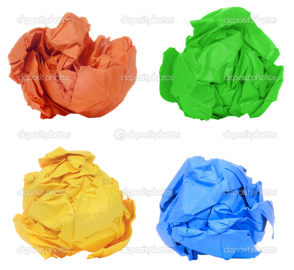 Crumpled colorful paper ball isolated on white background