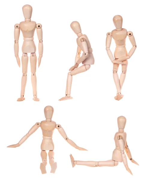 Coleção de boneco de madeira figura humana em pé e sentado ação — Fotografia de Stock