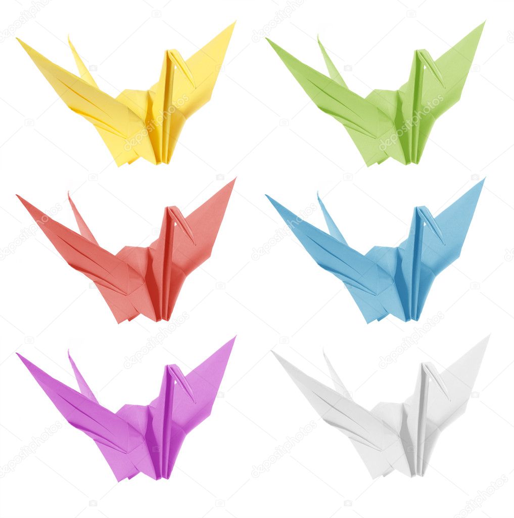 Colorful japan origami crane bird isolated on white background