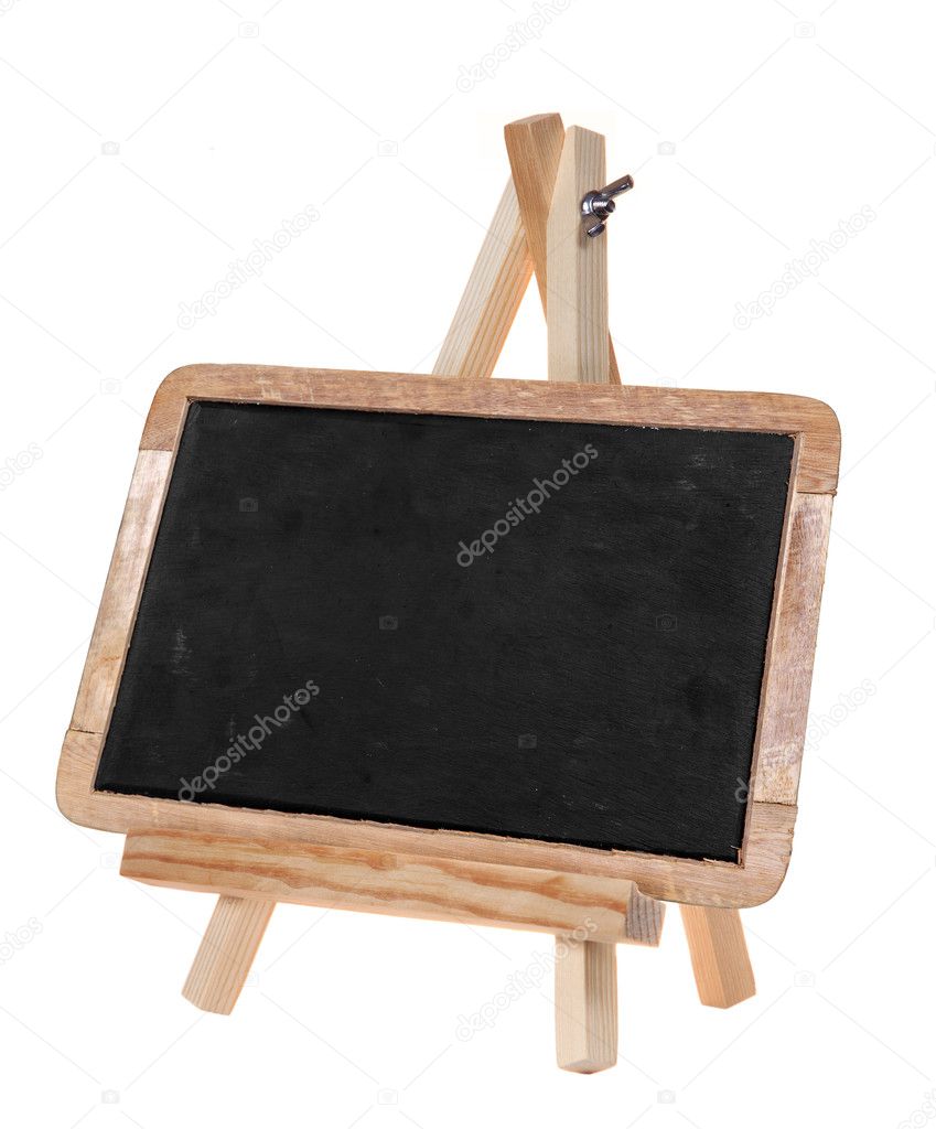 Blackboard on wooden stand isolated on white background