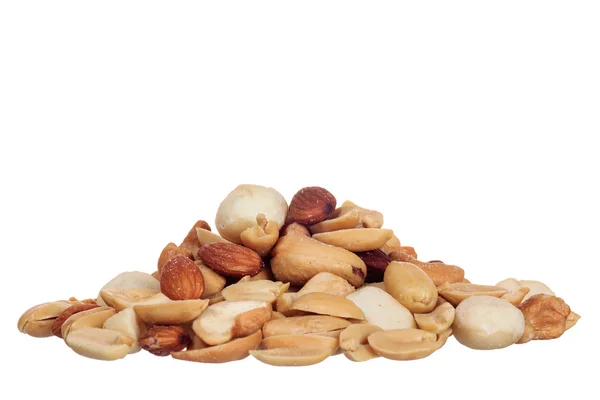 Pile of macadamia, almond and cashew nuts isolated on white background — Stock Photo, Image