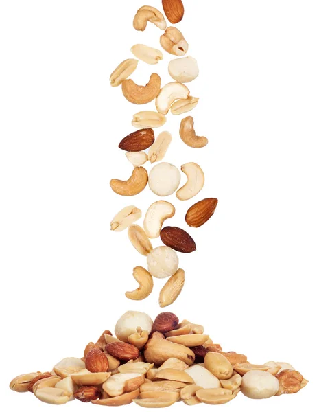 Pile of macadamia, almond and cashew nuts isolated on white background — Stock Photo, Image