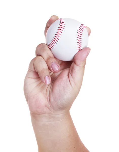 Hand gooien honkbal geïsoleerd op witte achtergrond — Stockfoto