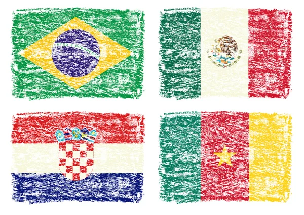 Crayon dra av landsflaggorna, Brasilien, Mexiko, Kroatien, Kamerun — Stockfoto
