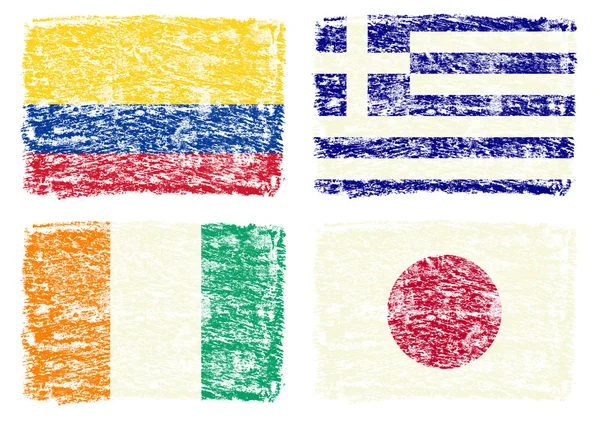 Zsírkréta felhívni az ország zászlók, Görögország, Japán, Elefántcsontpart, columbia — Stock Fotó