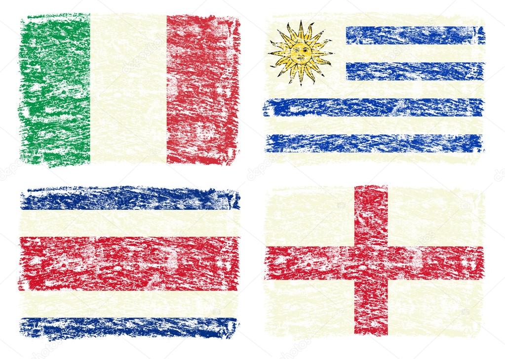 Crayon draw of country flags, England,Italy,Costa Rica,Uruguay